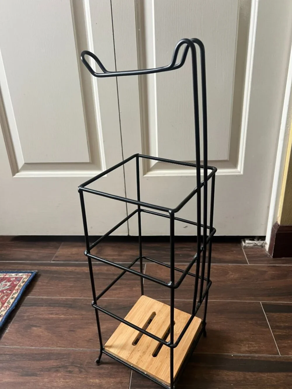 Modern Black Wire & Bamboo Freestanding Toilet Paper Stand Organizer